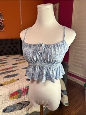 O'Neill Light Blue Printed Summer Tie-Front Ruffle Camisole Tank Feminine XS